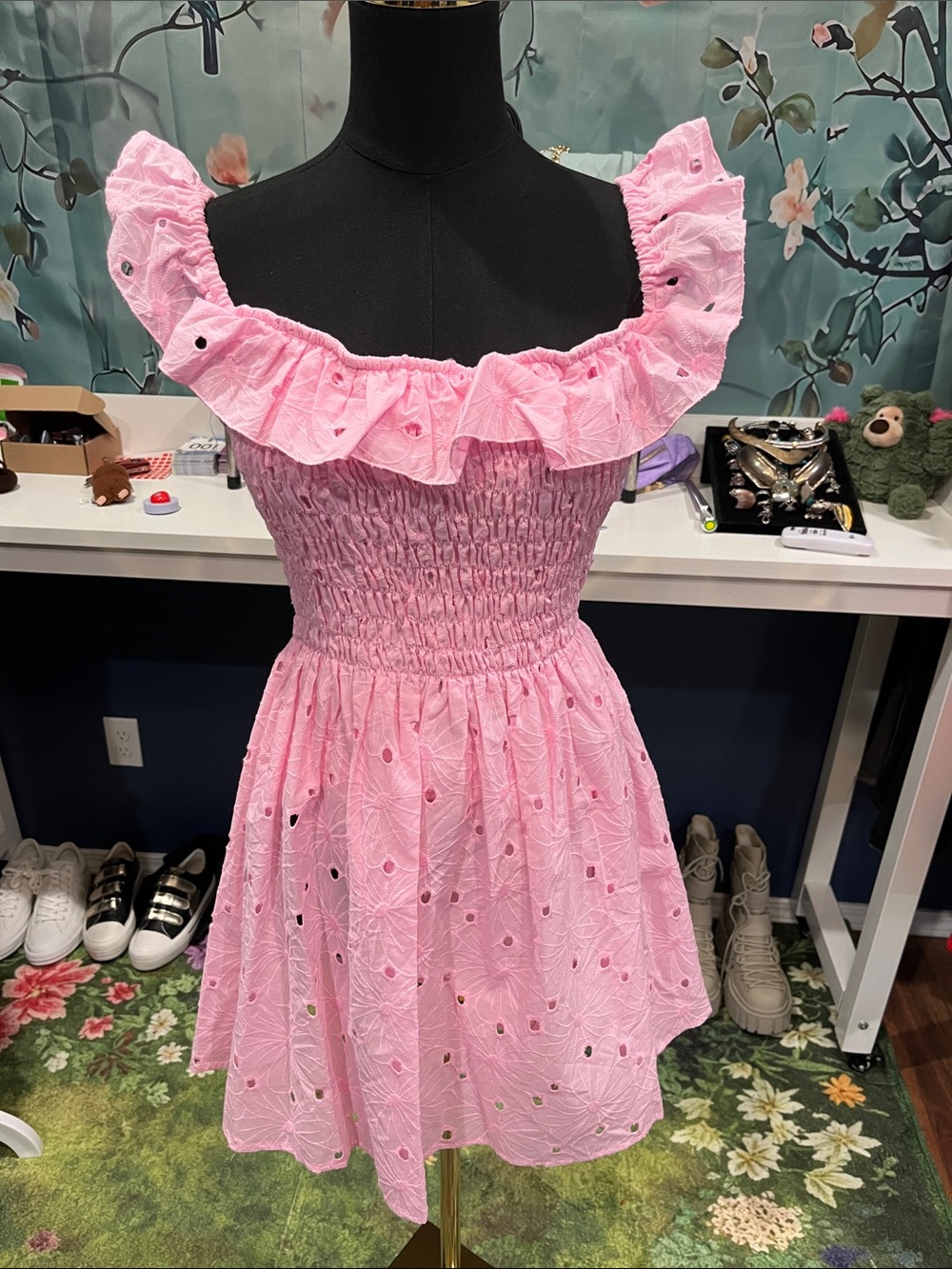 NWOT Sugar Thrillz Pink Ruffle Eyelet Smocked Kids Dress